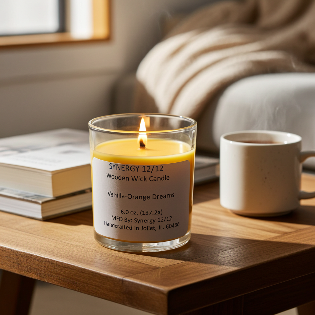 Synergy 12/12 candle with wooden wick on a wooden table with books and a mug in the background