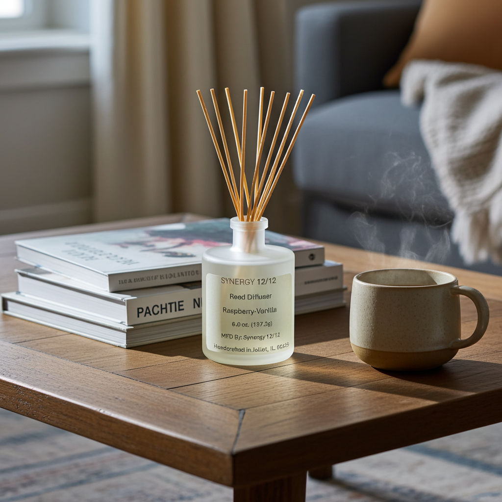 Reed diffuser with wooden sticks on a table in a cozy living room setting