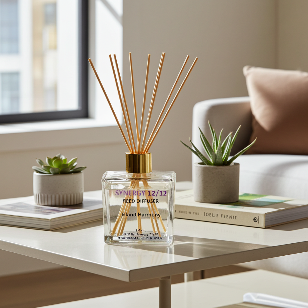 Synergy 12/12 reed diffuser on a coffee table with plants and books in a living room setting