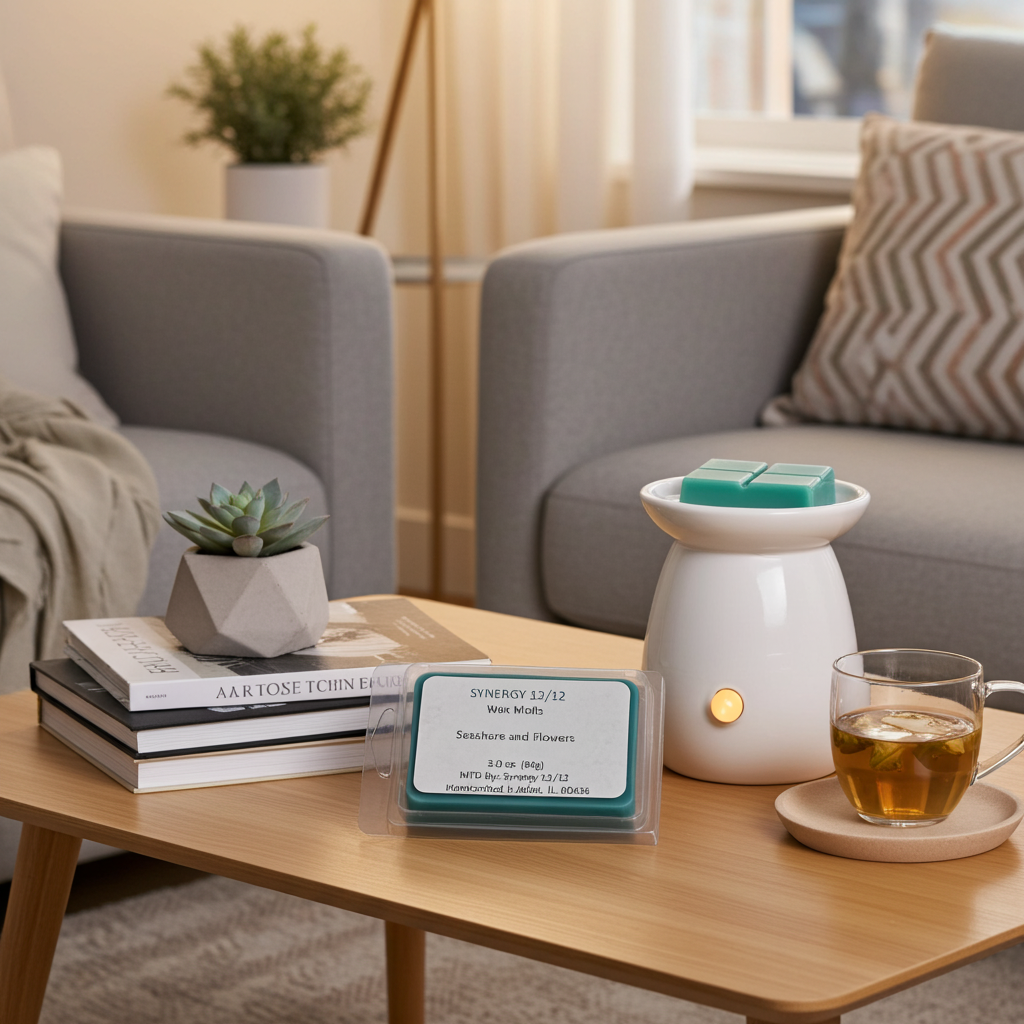 Tea light candles with a wax warmer on a coffee table in a cozy living room.