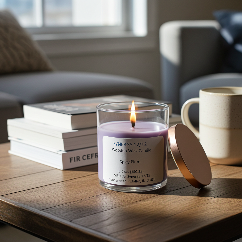 Synergy 12/12 candle on coffee table with books in the background.
