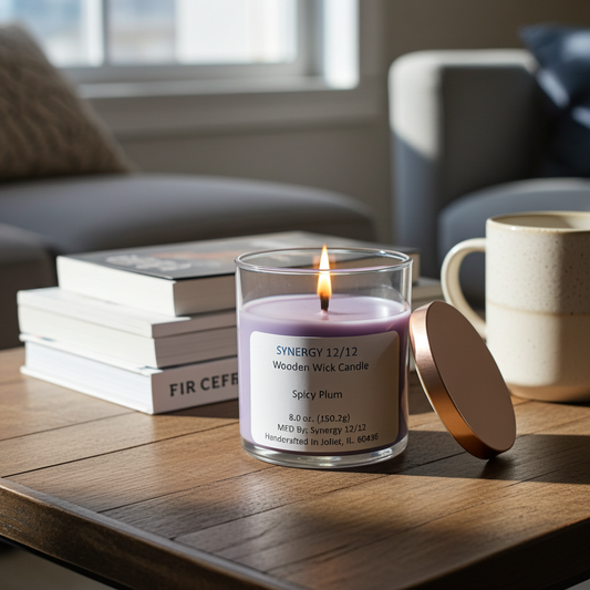 Synergy 12/12 candle on coffee table with books in the background.