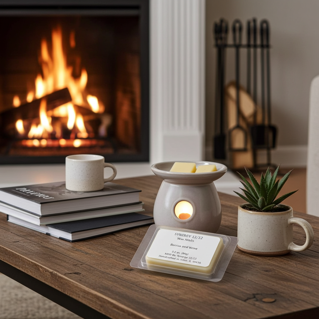 Wax melts on a wooden surface with a fireplace in the background