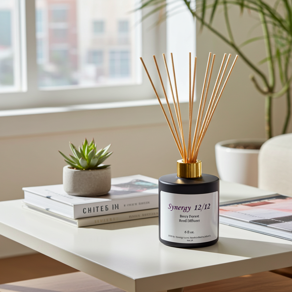 Reed diffuser labeled 'Synergy 12/12' on a table with books and a plant in the background.