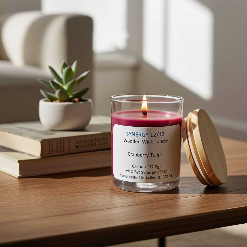 Synergy 12/12 wooden wick candle on a coffee table with books.