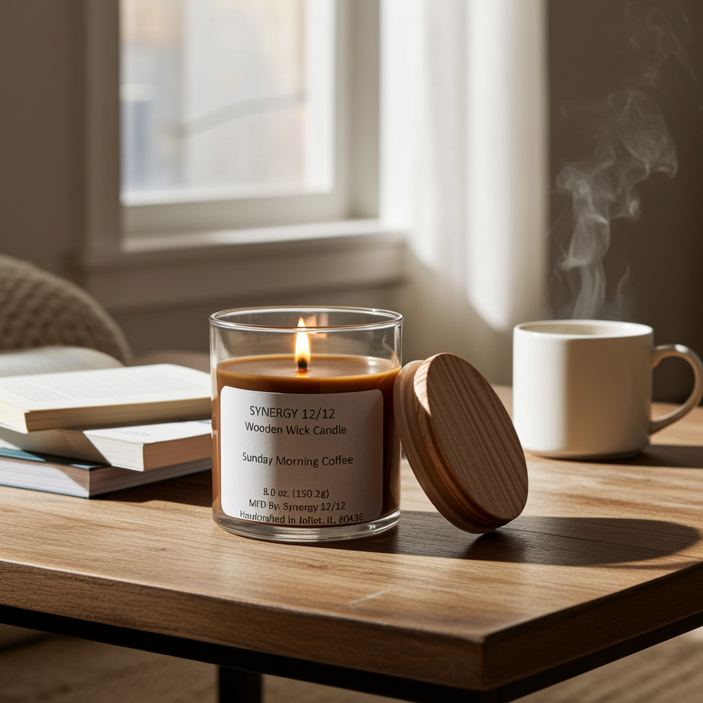 Synergy 12/12 wooden Wick candle on a table with a cup of coffee and books in the background.