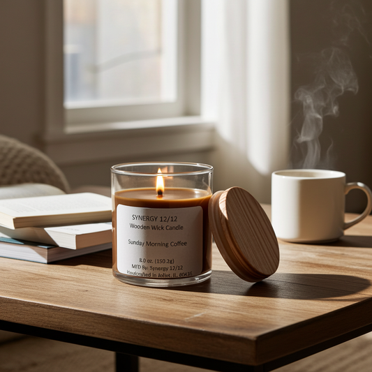 Synergy 12/12 wooden Wick candle on a table with a cup of coffee and books in the background.