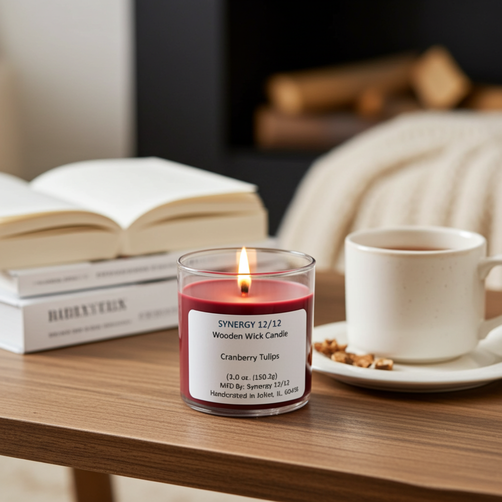 Synergy 12/12 candle on a coffee table with books and a tea cup.