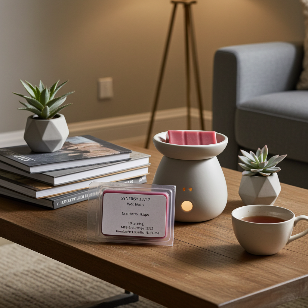 Aromatherapy diffuser with a candle on a wooden table in a living room setting.