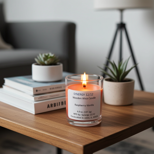 Synergy 12/12 candle with books on the table and a plant in the background.