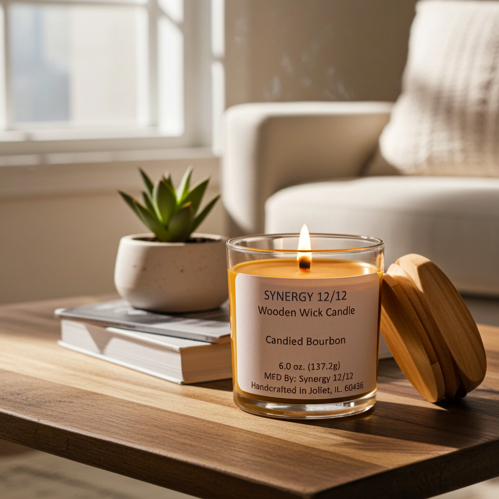 Synergy 12/12 wooden wick candle on a table with a plant and books in the background