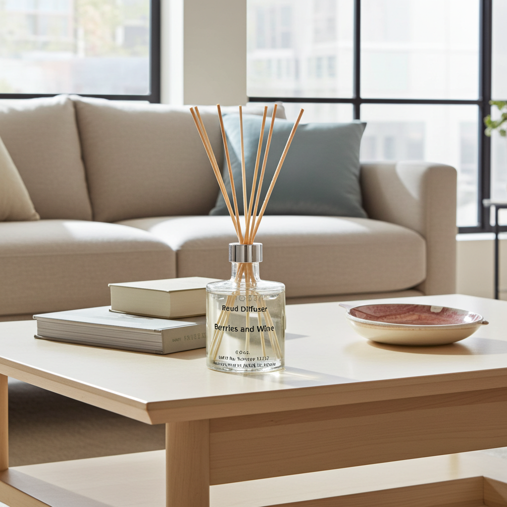 Diffuser on a coffee table with a couch and books in the background.