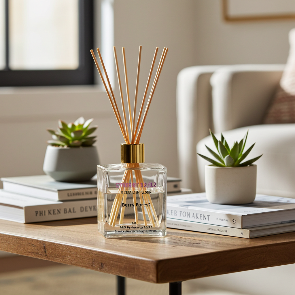 Diffuser with wooden sticks on a table in a living room setting