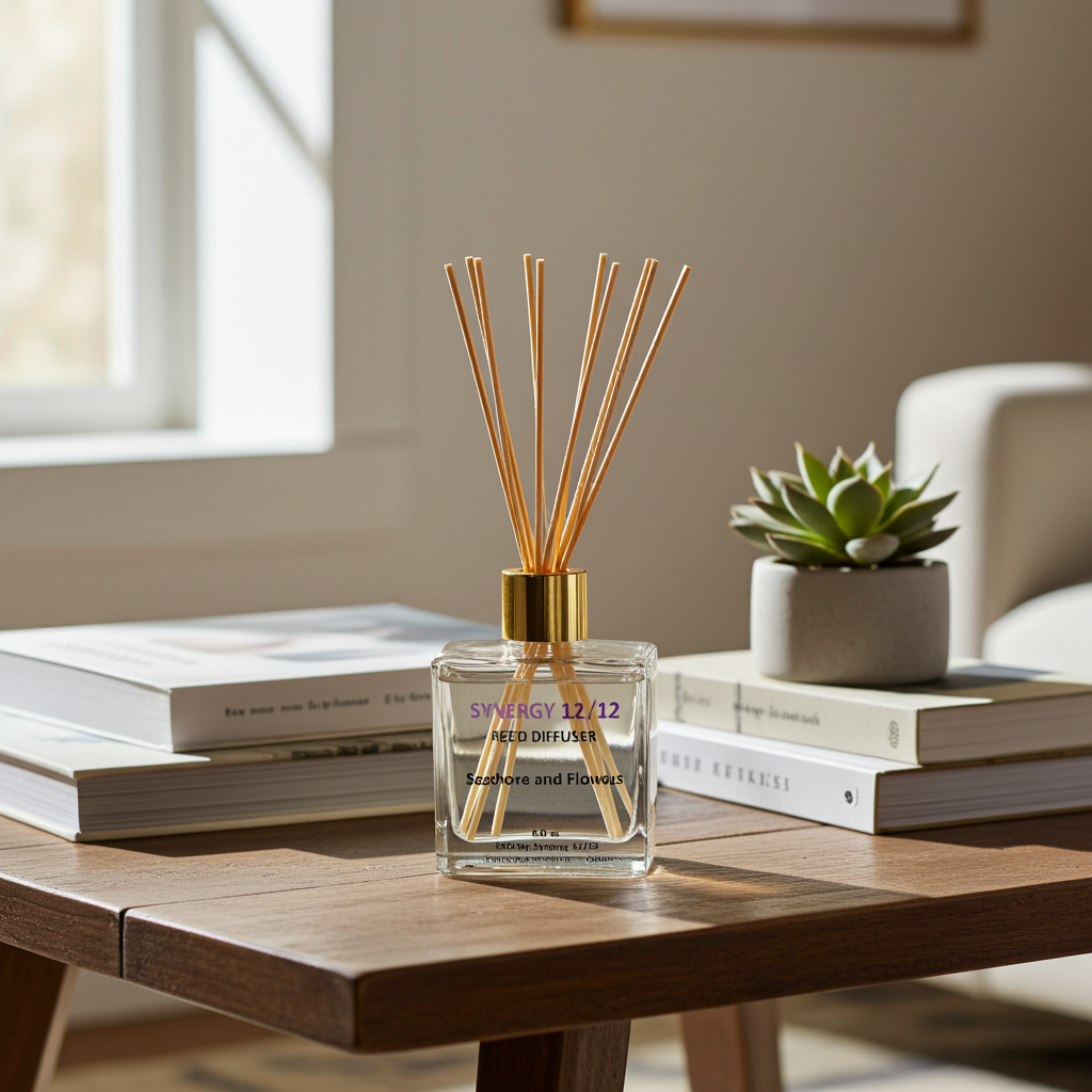 Synergy 12/12 reed diffuser on a wooden table with books and a plant in the background