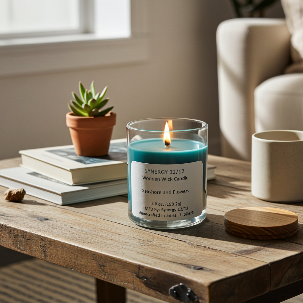 Candle with wooden wick on a wooden table with books and a plant in the background