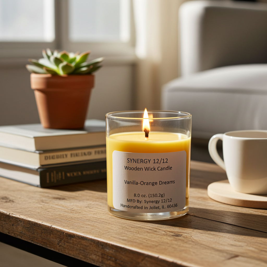 Synergy 12/12 candle on a wooden surface with books and a cup in the background
