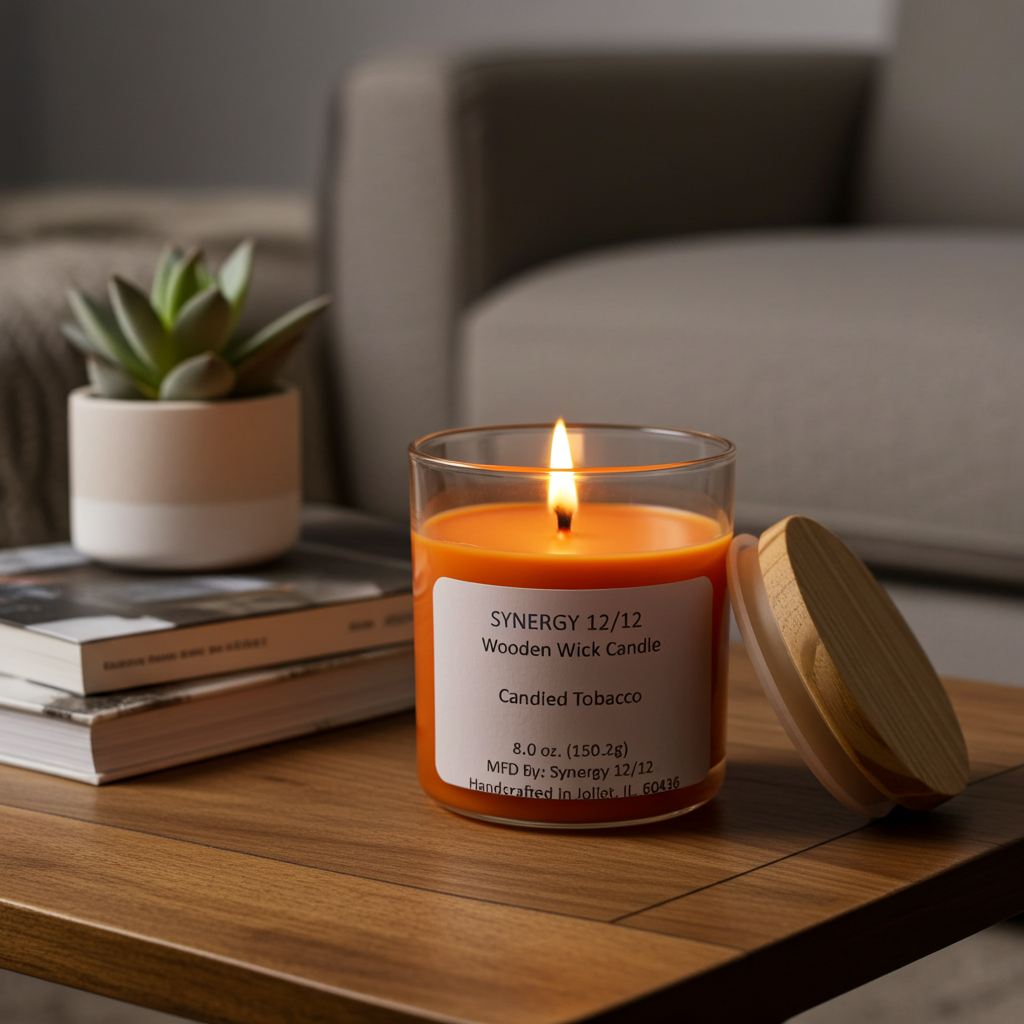 Synergy 12/12 candle on a wooden table with books in the background