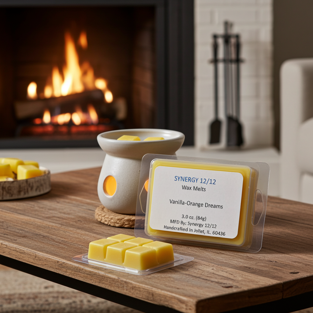 Synergy 12/12 wax melts with packaging on a wooden surface in front of a fireplace.